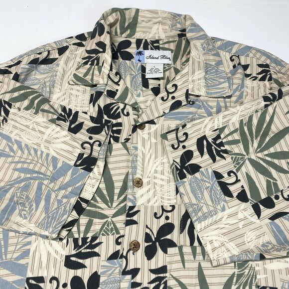 Island Blue Hawaiian Silk Blend Button Up Shirt Sz Large Beige Short Sleeve - Picture 4 of 8